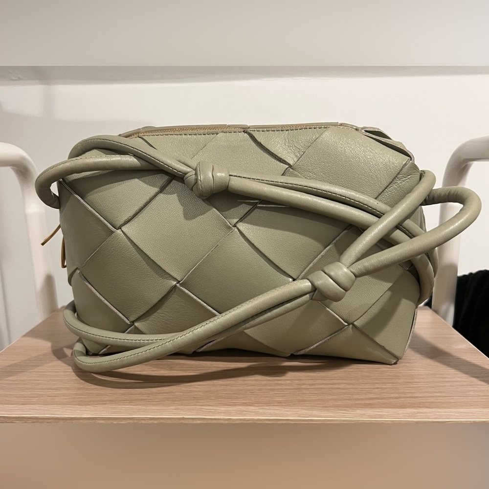 Bottega Veneta Lambskin Maxi Intreccio Small Cassette Camera Bag Travertine